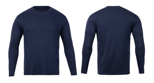 Navy long sleeve t-shirt front and back view mock-up isolated on white background with clipping path Navy long sleeve t-shirt front and back view mock-up isolated on white background with clipping path. long sleeved stock pictures, royalty-free photos & images