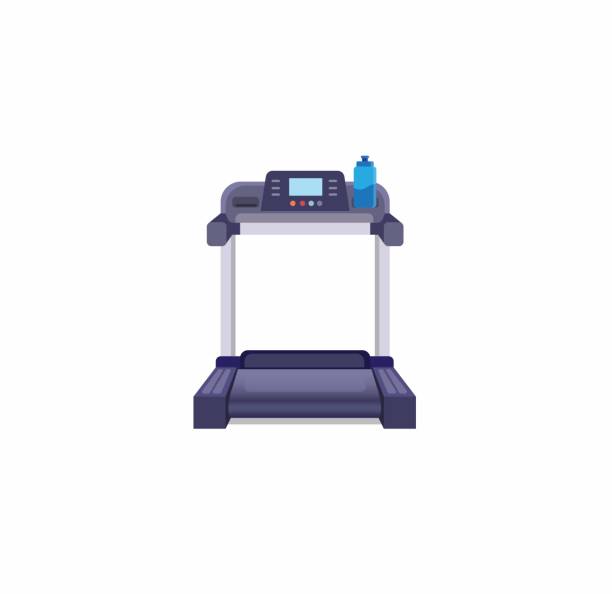 treadmill electronic in front view with drink bottle, running machine, fitness exercise, gym equipment symbol icon in cartoon flat illustration vector isolated in white background treadmill electronic in front view with drink bottle, running machine, fitness exercise, gym equipment symbol icon in cartoon flat illustration vector isolated in white background treadmill stock illustrations