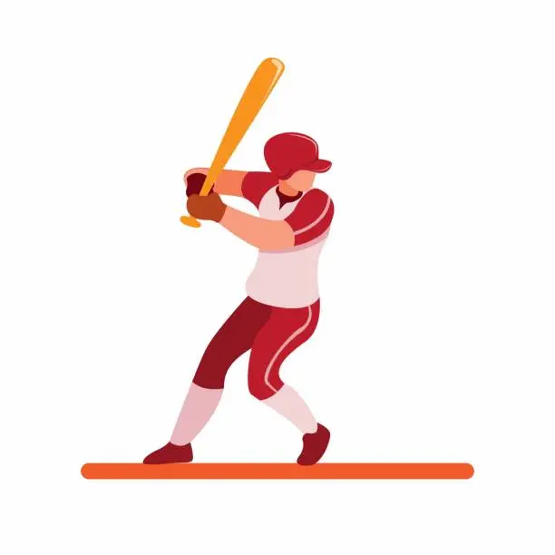 Vector illustration of baseball player ready for strike, baseball batter pose to hit ball cartoon flat illustration vector isolated in white background
