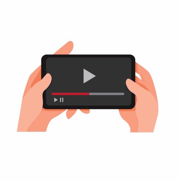 ilustrações de stock, clip art, desenhos animados e ícones de hand holding smartphone watch video streaming online, video media player on mobile phone cartoon flat illustration vector isolated in white background - youtube