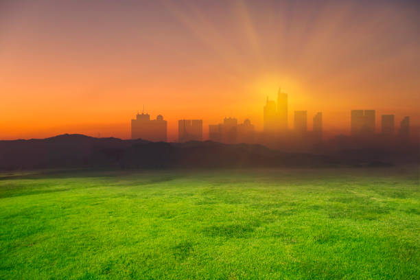 istock Green lawn wide angle large city view, mountain, sunrise 1208090265