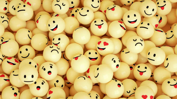 3d rendering of emoji faces. large group of objects. yellow background.