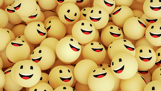3d rendering of emoji with happy face. large group of objects. yellow background.