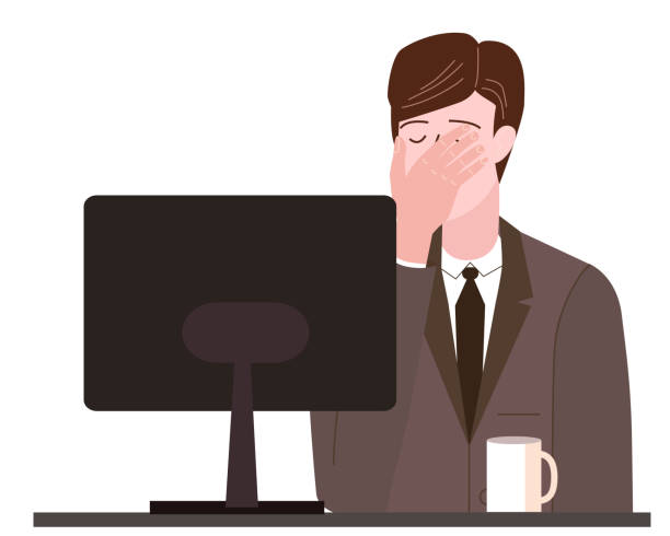 Businessman with facepalm gesture. Headache, disappointment or shame sad stressed face, worry disappointed expression office desk with computer. Cartoon style vector illustration isolated Businessman with facepalm gesture. Headache, disappointment or shame sad stressed face facepalm funny stock illustrations