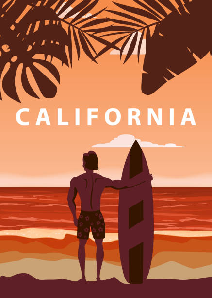 illustrations, cliparts, dessins animés et icônes de surfer restant avec la planche de surf sur la vue arrière tropicale de plage. californie surf palms thème de l’océan rétro vintage. drapeau d’affiche d’affichage isolé d’illustration de vecteur - enfants derrière voiture vacance