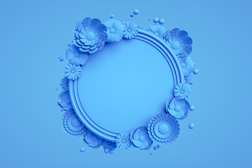 3D rendering of Empty frame with flowers on blue color background for advertisement messages.