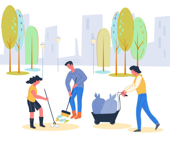 ilustrações, clipart, desenhos animados e ícones de pessoas limpando rua da cidade de folhas e colhendo resíduos plásticos - mulher catando lixo