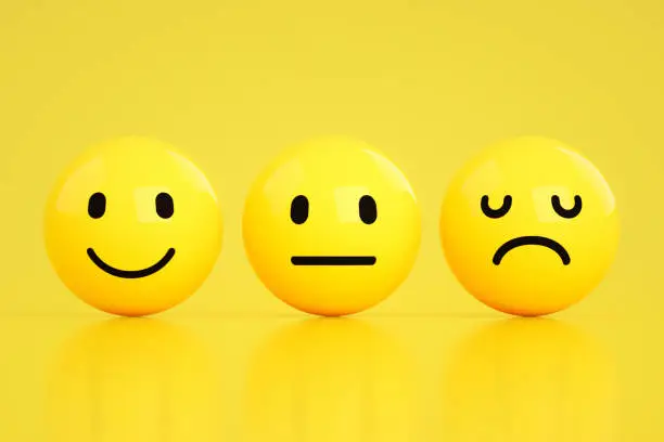 3d rendering of emoji with smiley, sad neutral face. yellow background. copy space.