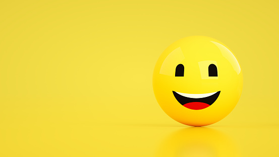 3d rendering of emoji with happy face. yellow background. copy space.