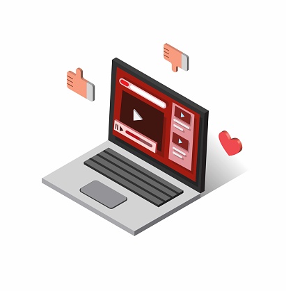 laptop with video streaming website with love tumbs up and down icon in isometric flat illustration vector isolated in white background