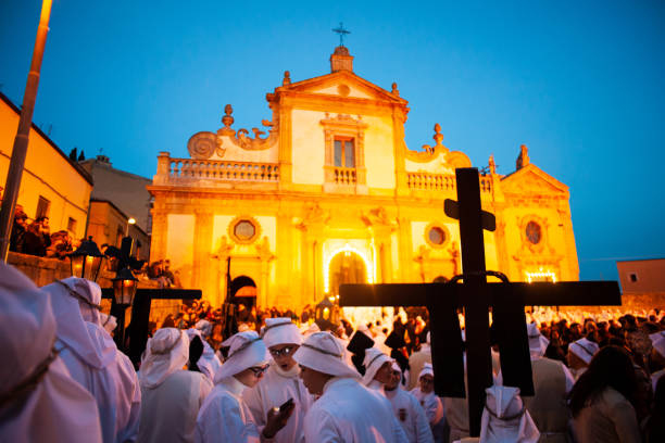 LEONFORTE, SICILY - APRIL, 19: Christian brethren during the traditional Good Friday procession on April 19, 2019