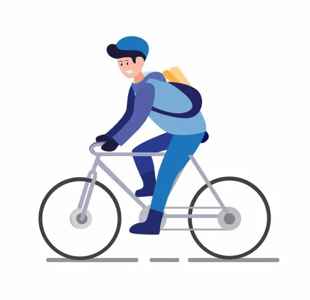 Vector illustration of newspaper boy or courier bike, man ride bicycle with package to costumer cartoon flat illustration vector isolated in white background