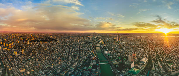 Sunrise of Tokyo cityscape, Japan Asakusa district and skytree with dramatic sky at dawn in Tokyo, Japan sumida ward photos stock pictures, royalty-free photos & images