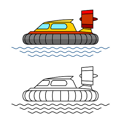 Hovercraft boat side view illustration. Hover craft vehicle with sea waves. Adjustable stroke width.