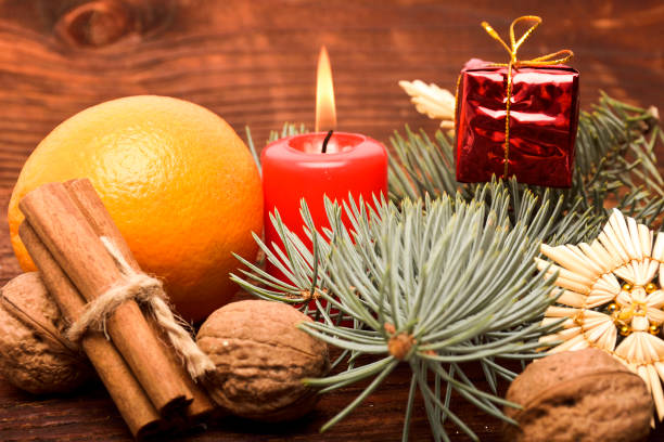 istock Christmas decorations and ornament on wooden background 1208109308