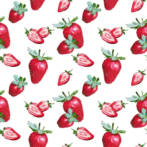 Vector illustration of Whole and halved fresh strawberries pattern on white background. Hand drawn vektor includes leaves and seeds.