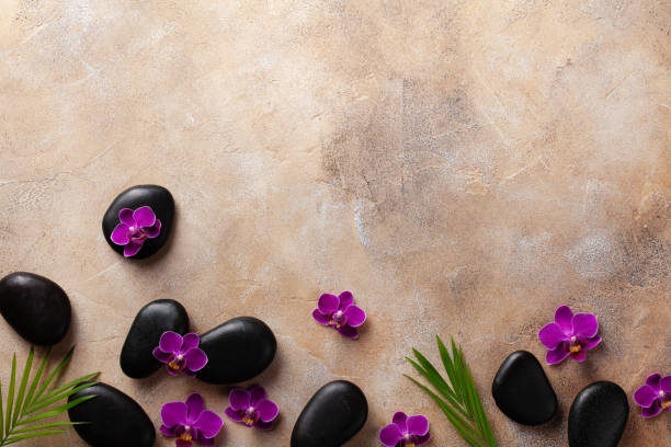 istock Spa composition with flowers, green leaves and massage stone on brown background top view. Beauty treatment and relaxation concept. Flat lay. 1208113992