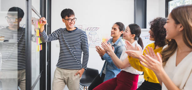 Asian business people clapping hands/applause  while meeting for success in modern office, casual clothing
