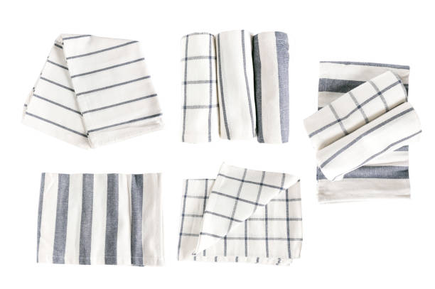 Top view mix  new kitchen towels in blue strip and white color simple pattern in differnet style on white background isolated and clipping path . Equipment necessary  in kithchen for wippe things. stock photo