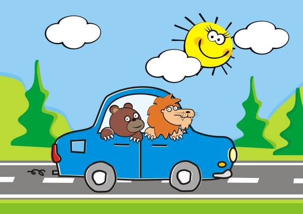 Animals drive blue car, funny vector illustration Animals, bear and lion drive blue car, at background is trees and sky with sun and clouds. czech lion stock illustrations