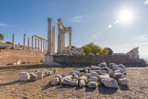 Trajan Temple Temple of Trajan in the ruins of the ancient city of Pergamon in Turkey found. ancient rome stock pictures, royalty-free photos & images