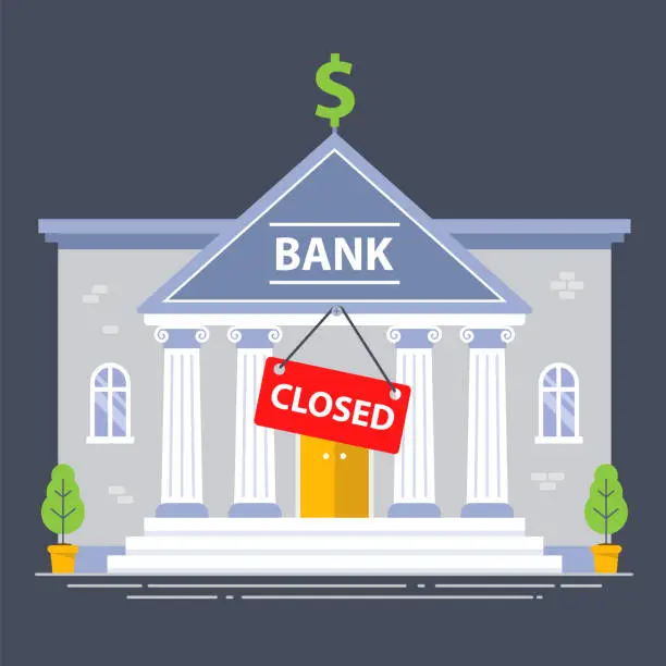 Vector illustration of Bank building closed due to economic crisis. red plate