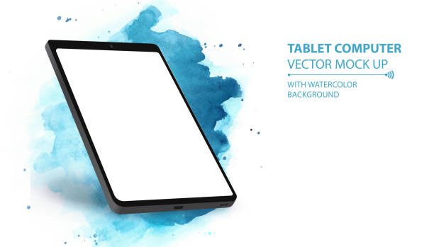 Tablet Computer Vector Mockup With Perspective View. Tablet PC Isolated on Blue Watercolor Background. Tablet Computer Isolated on Vector Banner With Hand painted Watercolor Background. drawing board stock illustrations