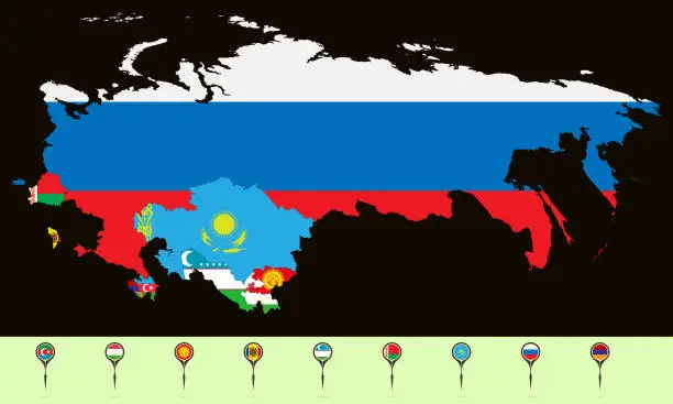 Vector illustration of Vector illustration. Map of the Commonwealth of Independent States (CIS). Set creative markers with flags of states members of the CIS