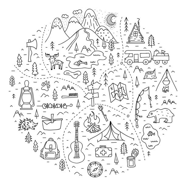 Map of a camping in the forest with basic symbols, trails and places of rest. A trip to nature. Vector illustration. Camping. A hand-drawn map in outline style with basic symbols and places to travel for the weekend. Linear doodle illustration. Camping in the forest and outdoor recreation. Vector. camping drawings stock illustrations