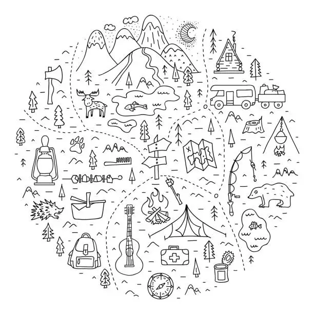 Vector illustration of Map of a camping in the forest with basic symbols, trails and places of rest. A trip to nature. Vector illustration.