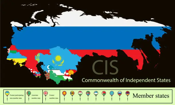 Vector illustration of Vector map of the Commonwealth of Independent State (CIS) with the Ukrainian Crimea. Set creative markers with flags of states members of the CIS