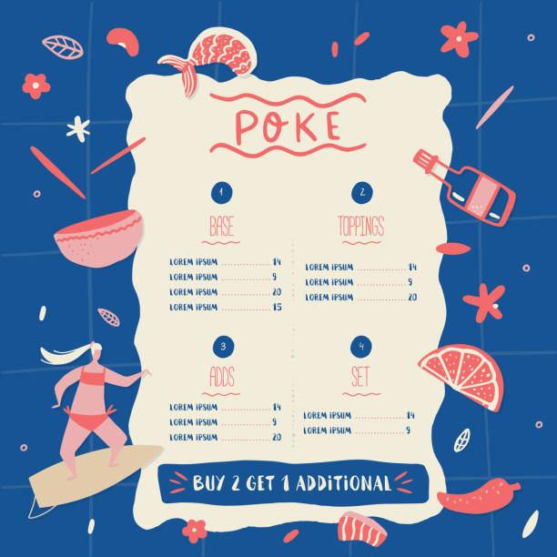 Poke bowl restaurant menu design. Colorful cartoon cafe template, healthy hawaiian nutrition, fish banner with girl on surf Poke bowl restaurant menu design. Colorful cartoon cafe template, healthy hawaiian nutrition, fish banner with girl on surf. hawaii restaurant stock illustrations