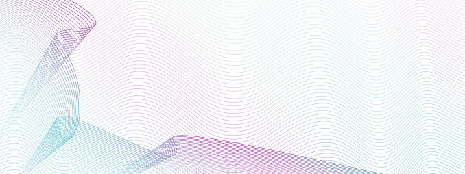 Purple, teal draped net on ripple subtle curves. Abstract vector colored waves. Watermark art line pattern, tech design. White background. Modern dynamic composition, copy space. EPS10 illustration
