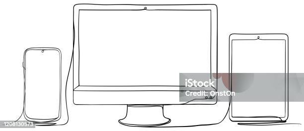 Mobile Phone Computer Monitor And Tablet Pc Hand Drawn Continuous Line ...