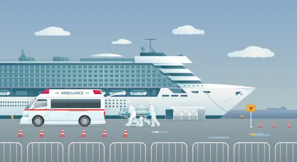 Vector illustration of Vector illustration of a cruise ship in quarantine, the ship is moored in the port.