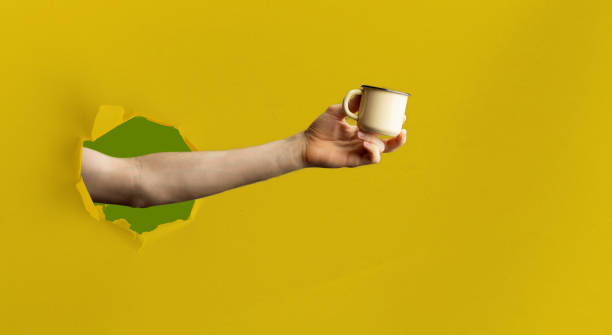 istock person hand holding a reusable zero waste material supplies, through a torn hole in paper 1208132972