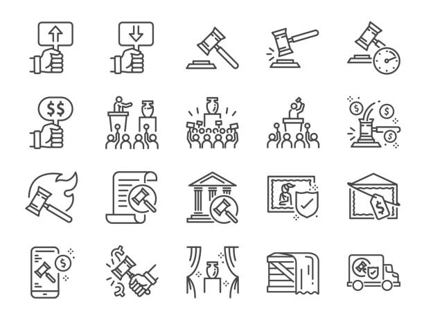 Auction line icon set. Included icons as hammer, price, bidding, judge, auction hammer, painting, deal and more. Auction line icon set. Included icons as hammer, price, bidding, judge, auction hammer, painting, deal and more. judge stock illustrations