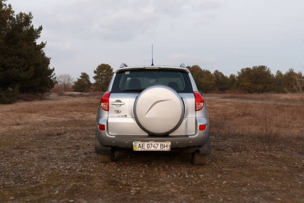 toyota rav4 2006 colore grigio vicino alla foresta, spazio aperto al crepuscolo - dirtroad foto e immagini stock