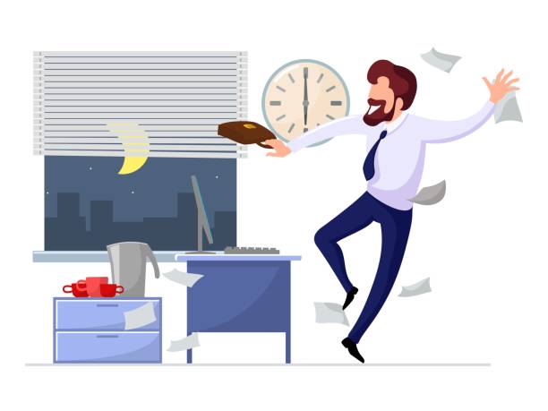 ilustraciones, imágenes clip art, dibujos animados e iconos de stock de el hombre de negocios feliz se regocija al final del día de trabajo, la semana o el comienzo de las vacaciones - super moon