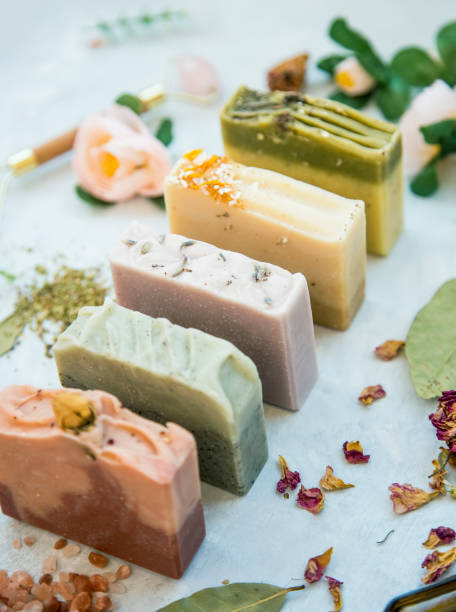istock Organic natural soap bars with plants extracts, handmade soaps 1208140945