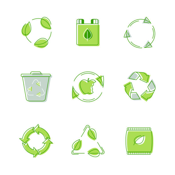 set umwelt-etiketten, recycelbar dreieck zeichen, kompostierbare abfall, biologisch abbaubar mülltonne. icons collection, verwaltung des papierkorbs, neumaterial neu erstellen, vektorillustration konservieren - recreate stock-grafiken, -clipart, -cartoons und -symbole