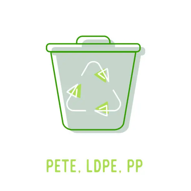 Vector illustration of Plastic Recycling Codes PETE, LDPE and PP Icon with Litter Bin and Rotating Arrows Sign. Environmental Conservation, Sorting and Segregation of Trash, Wastes Ewcycle and Reuse Vector Illustration