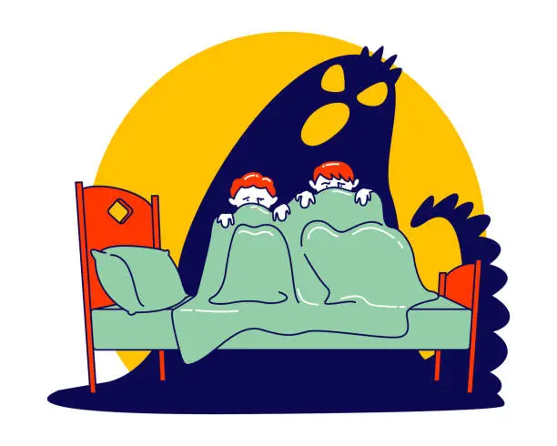 Vector illustration of Pair of Little Scared Children Sitting on Bed and Hiding from Frightening Ghost under Blanket. Fearful Kids and Imaginary Monster. Nightmare Terrified Phobia Cartoon Flat Vector Illustration, Line Art