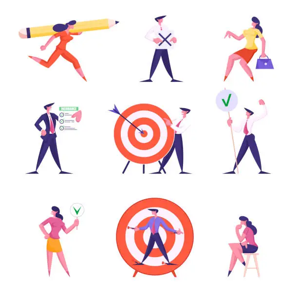 Vector illustration of Set of Businesspeople Characters Carry Huge Pencil, Holding Banners, Insurance Policy Service, Aim with Arrow in Center, Woman Thinking Isolated on White Background Cartoon Flat Vector Illustration