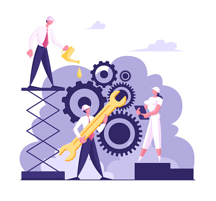 Business Characters in Hardhats Moving Huge Gear Mechanism Using Wrench and Oilcan. Woman Managing Cogwheel Process at Tablet. Working Routine and Teamwork Concept. Cartoon Flat Vector Illustration