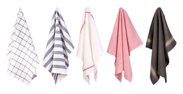 Hanging dish towels isolated on white background