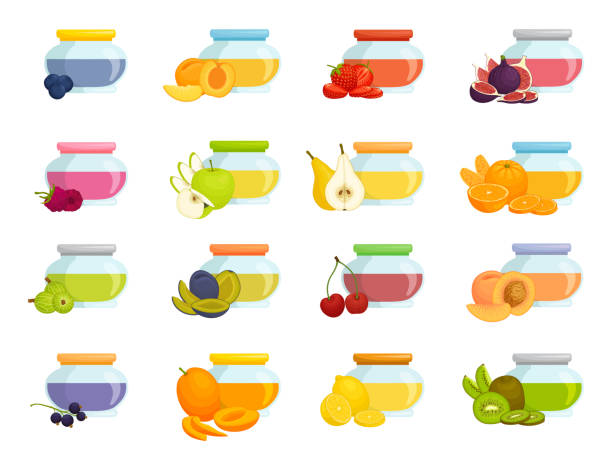 Various fruit and berry jam in jars. Set of vector elements. Set of glass jars with jam isolated on a white. Home preservation from various berries and fruits. A collection of pots with confiture from different ingredients. Vector illustration in cartoon style. mango jam stock illustrations