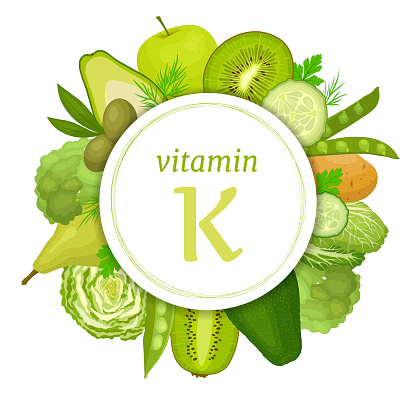 Foods high in vitamin K. Vector illustration. Infographics on the theme of healthy eating and lifestyle. Information metstsinsky collage. Vegetables and fruits rich in vitamin K.
