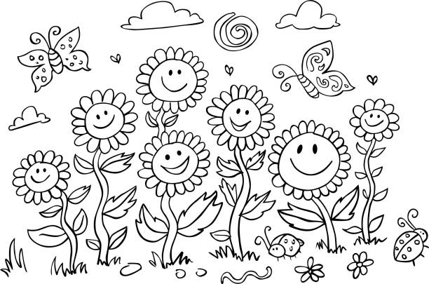 illustrations, cliparts, dessins animés et icônes de illustration de tournesols noirs et blancs de dessin animé de vecteur. convient aux cartes de vœux, à l’activité de coloriage et aux peintures murales murales. - spring grass cloud butterfly