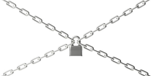 istock Padlock closed on four chains isolated against white background. 3d illustration 1208154593